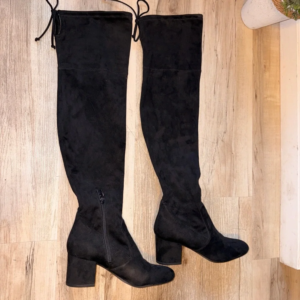Unisa Size 10 Women Over The Knee Boots Black Suede Block Heels Zipper